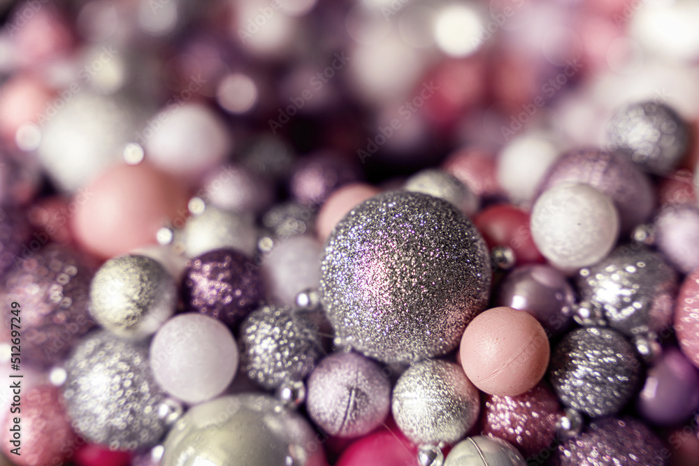 Glitter silver, pink and purple glass baubles, Christmas ball decoration bg Glitter silver, pink and purple glass baubles, Christmas ball decoration bg