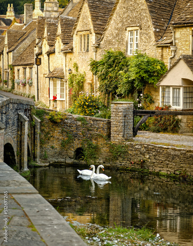 Castle Combe Bridge with two Swans
