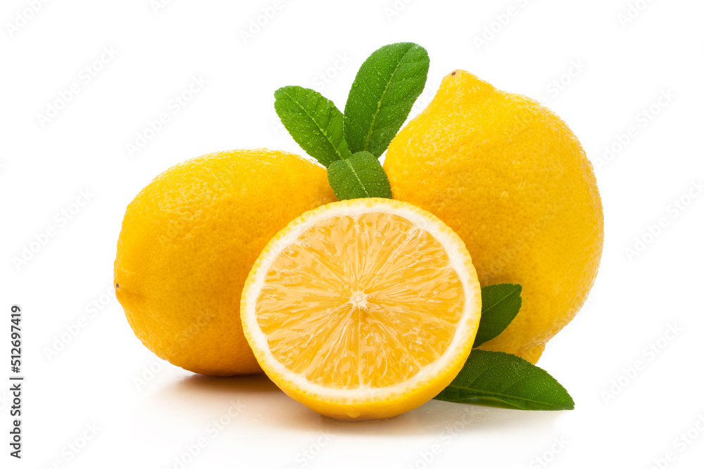lemon fruit and half slice with leaves on white background.