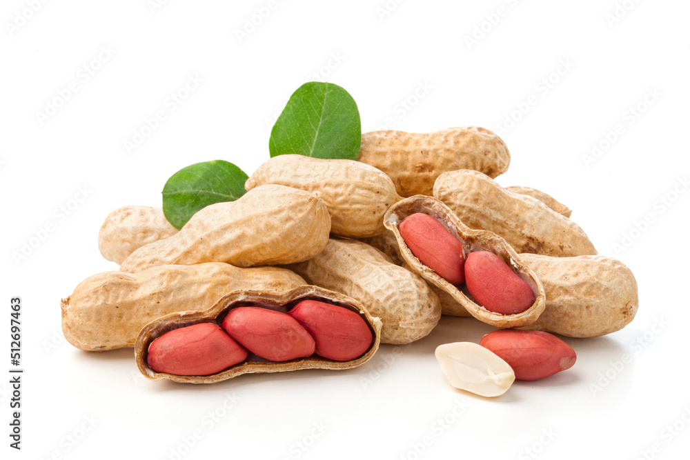 group of peanuts with leaves isolated on white background. group of peanuts with leaves isolated on white background.