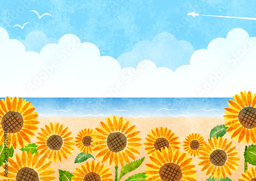 ひまわりと海と空の手描き水彩背景