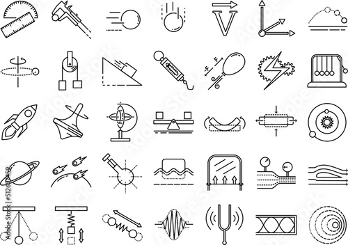 A set of Classical Mechanics Physics vector line icons. Kinematics, Dynamics, Mechanical Energy, Linear Momentum, Angular Momentum, Rigid Body, Elasticity, Gravitation, Fluid, Oscillations, Waves.