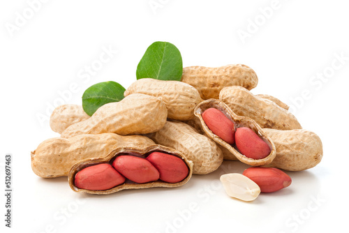 group of peanuts with leaves isolated on white background. photo