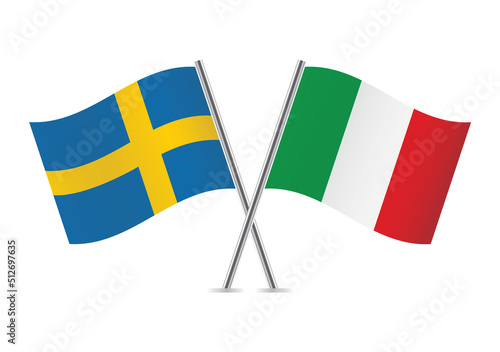Sweden and Italy crossed flags. Swedish and Italian flags on white background. Vector icon set. Vector illustration.