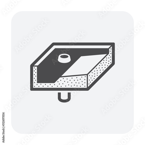 Roof drain vector icon consist of bowl, extension pipe, cover dome strainer or guard to assembly, install in concrete gutter. Drainage system to drain rain water from deck floor, roof slab or rooftop.