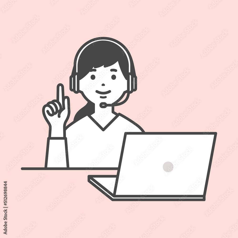 ノートパソコンの前で説明をするオペレーターの女性 Operator woman explaining in front of a laptop computer ノートパソコンの前で説明をするオペレーターの女性 Operator woman explaining in front of a laptop computer