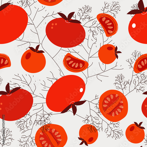Seamless pattern of red tomatoes and dill, Great set of hand drawn vegetables isolated on white background. Sketch doodle style vector collection