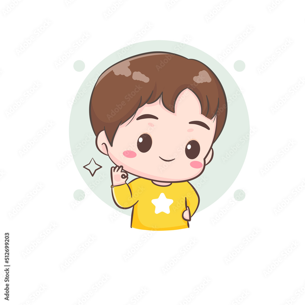 Cute boy poses OK hand sign. Chibi cartoon character. Vector flat illustration