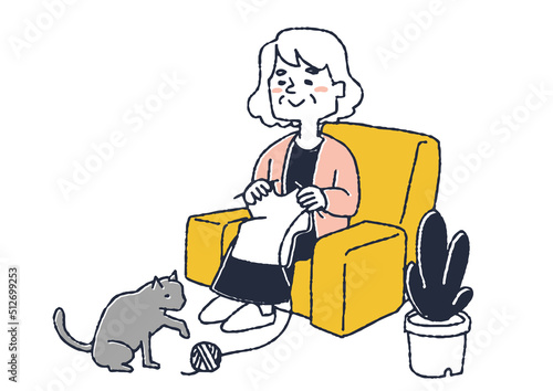 趣味の編み物をする高齢女性　さまざまな老後の幸福な生活