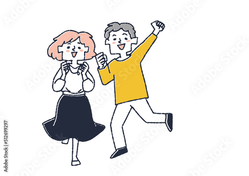 飛び上がって喜ぶ二人　手を取り合い体を弾ませ喜ぶ男女