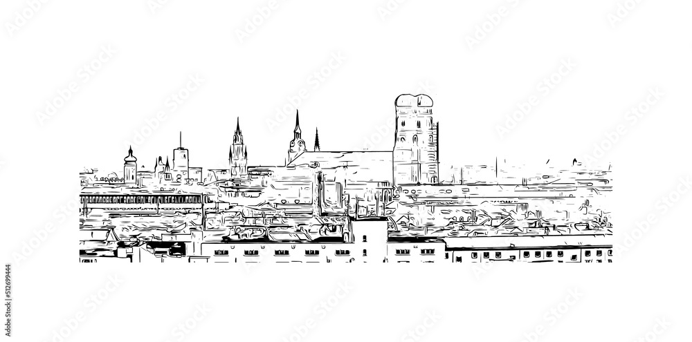 Building view with landmark of Munich is the 
city in Germany. Hand drawn sketch illustration in vector.
