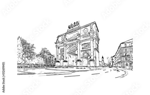 Building view with landmark of Munich is the 
city in Germany. Hand drawn sketch illustration in vector.
