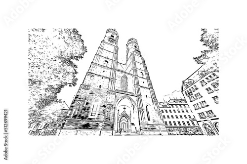 Building view with landmark of Munich is the 
city in Germany. Hand drawn sketch illustration in vector.