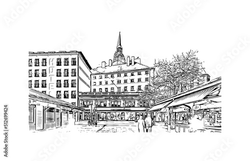 Building view with landmark of Munich is the  city in Germany. Hand drawn sketch illustration in vector.