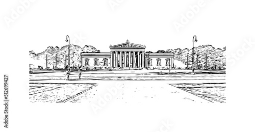 Building view with landmark of Munich is the 
city in Germany. Hand drawn sketch illustration in vector.