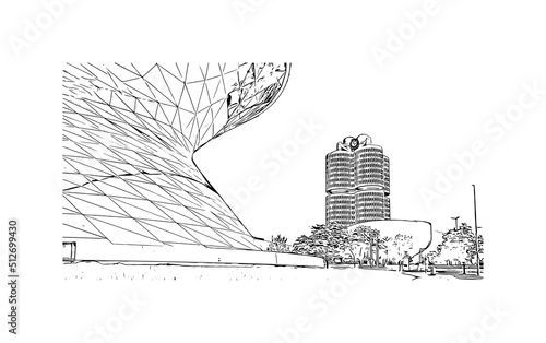 Building view with landmark of Munich is the 
city in Germany. Hand drawn sketch illustration in vector.