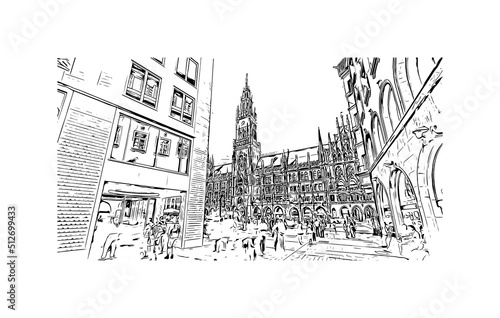 Building view with landmark of Munich is the 
city in Germany. Hand drawn sketch illustration in vector.