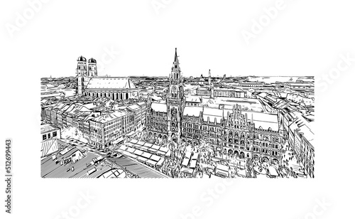 Building view with landmark of Munich is the 
city in Germany. Hand drawn sketch illustration in vector.