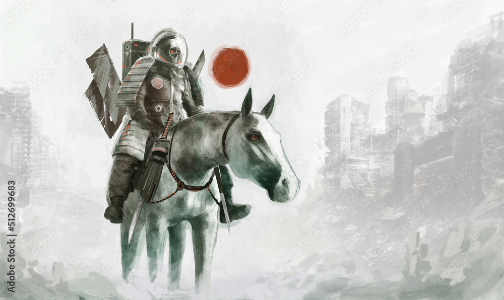 Fototapeta premium Samurai warrior with a skull face riding a horse with a ruined cityscape in the background.