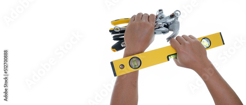 two hand holding level and different type tools