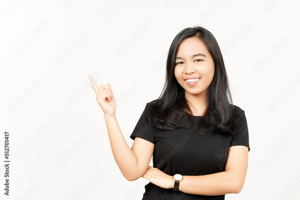 Showing Product and Pointing Side of Beautiful Asian Woman Isolated On White Background Showing Product and Pointing Side of Beautiful Asian Woman Isolated On White Background