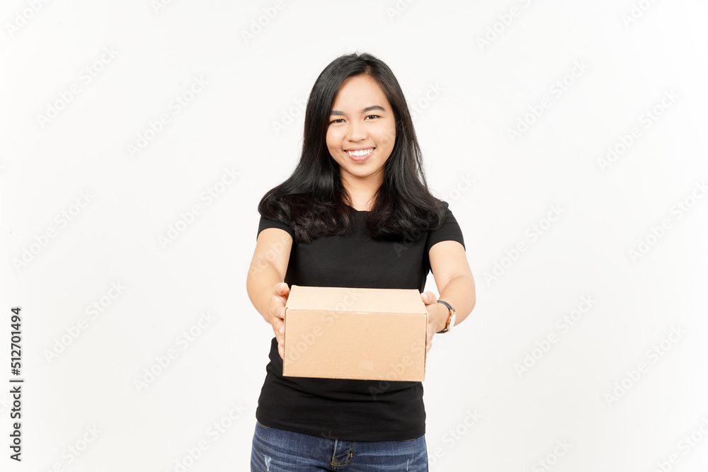 Holding Package Box or Cardboard Box and Give it To You of Beautiful Asian Woman Isolated On White Holding Package Box or Cardboard Box and Give it To You of Beautiful Asian Woman Isolated On White