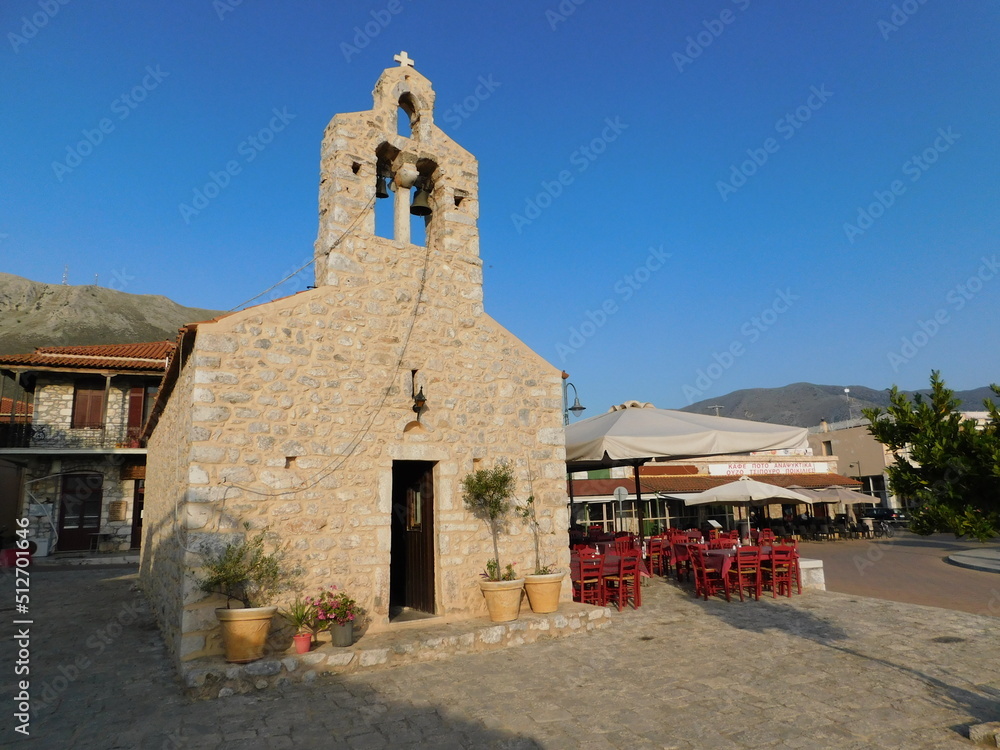 A church in the central square of Areopoli, in Mani, Peloponnese, Greece