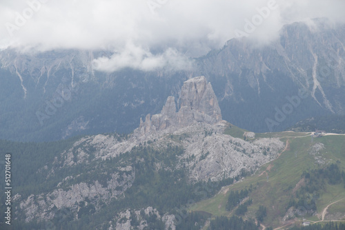 Aerial view of Cinque Torri, Nuvolau group of Dolomites, Italian Alps.