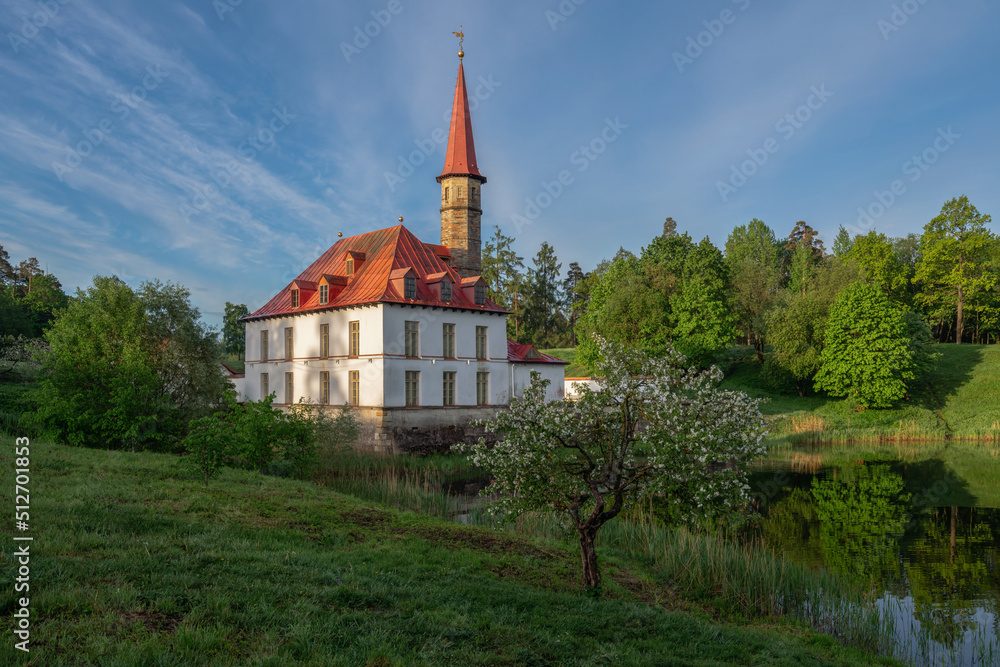 View of the Priory Palace on the shore of the Black Lake on an summer sunny morning, Gatchina, St. Petersburg, Russia
