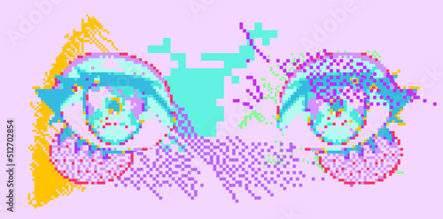 Pixel art of anime eyes on glitched background. Trendy webpunk style illustration for print or poster.