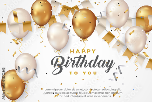 luxury happy birthday greeting template with balloon, birthday flag and glitter