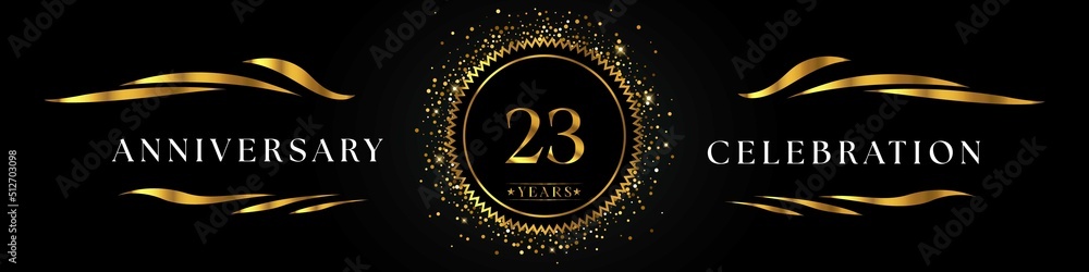 23 years anniversary celebration with golden sunburst on the black elegant background. Design for happy birthday, wedding or marriage, event party, greetings, ceremony, and invitation card.  