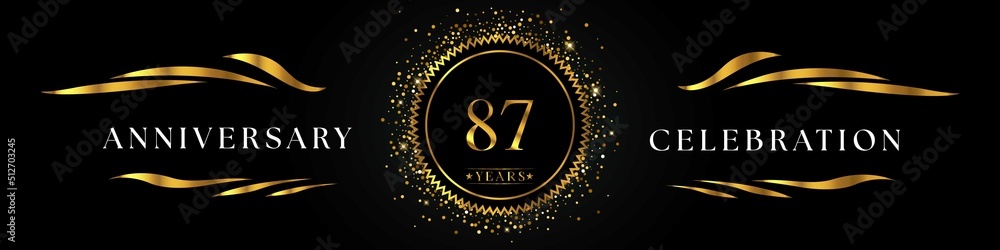 87 years anniversary celebration with golden sunburst on the black elegant background. Design for happy birthday, wedding or marriage, event party, greetings, ceremony, and invitation card. 87 years anniversary celebration with golden sunburst on the black elegant background. Design for happy birthday, wedding or marriage, event party, greetings, ceremony, and invitation card.
