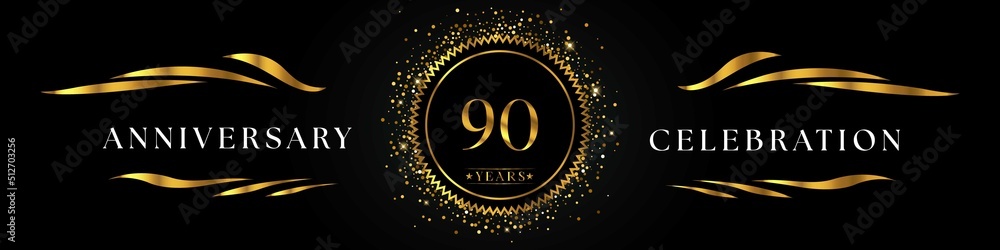 90 years anniversary celebration with golden sunburst on the black elegant background. Design for happy birthday, wedding or marriage, event party, greetings, ceremony, and invitation card.  