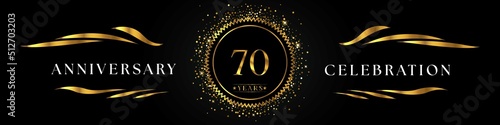 70 years anniversary celebration with golden sunburst on the black elegant background. Design for happy birthday, wedding or marriage, event party, greetings, ceremony, and invitation card. 
