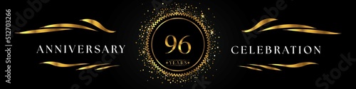 96 years anniversary celebration with golden sunburst on the black elegant background. Design for happy birthday, wedding or marriage, event party, greetings, ceremony, and invitation card. 