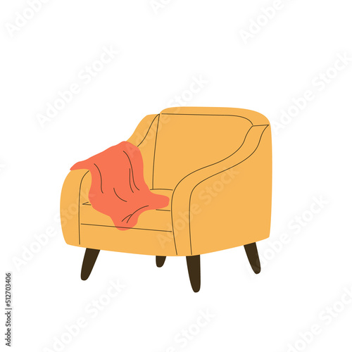 Lounge seat with wood legs and throw blanket on armrest. Cozy trendy furniture design