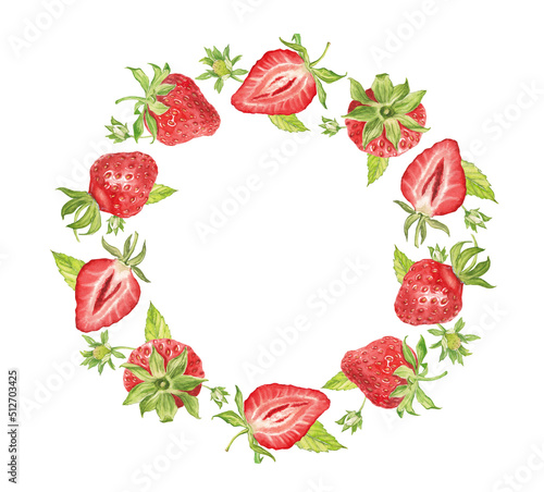 Watercolor strawberry wreath  summer round frame with berries