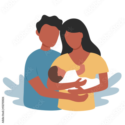 Happy mom and dad with a newborn baby in flat design on white background.