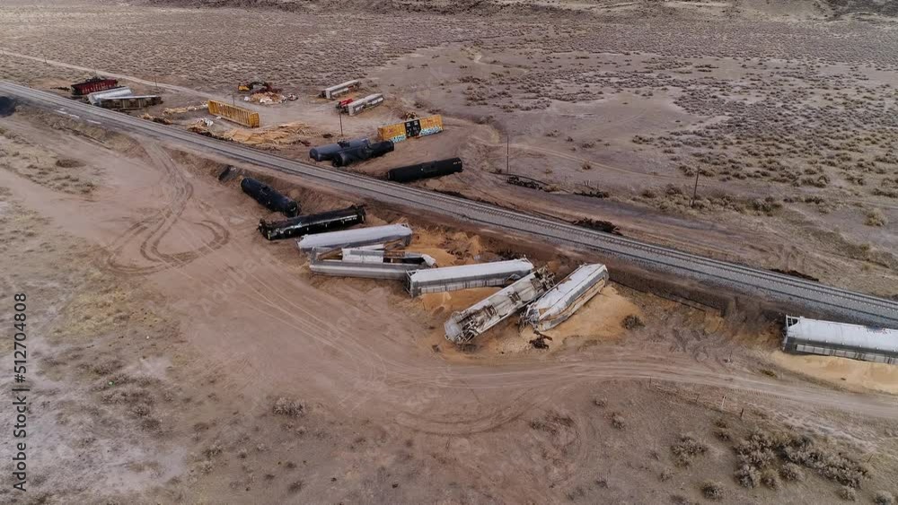 Aerial view of train car wreckage after derailment during the clean up after an accident in Utah. Aerial view of train car wreckage after derailment during the clean up after an accident in Utah.