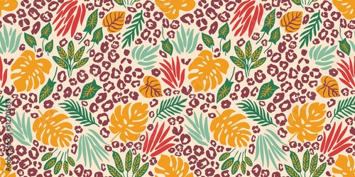 Seamless pattern with rainforest flora and leopard texture. Abstract tropical design for textile, wrapping paper, wallpaper, scrapbooking