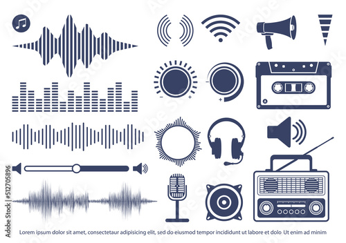 Flat vector icon set - music vector, radio, speaker, settings, equalizer, volume control, loudspeaker, cassette tape, microphone, earphones photo