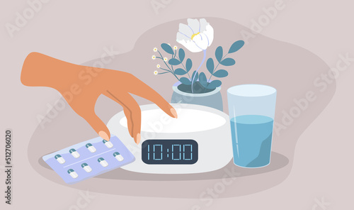 vector illustration in a flat style on the theme of insomnia. clock, glass of water, pills on the bedside table