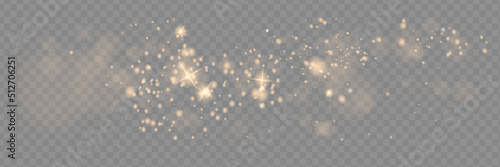 The dust sparks and golden stars shine with special light. Vector sparkles on a transparent background. Christmas light effect. Sparkling magical dust particles.