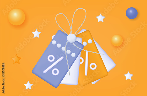 3d yellow voucher or gift coupon. Discount or low percentage, loyalty program price tag. Advertising promotion of goods, discount. Special offer with a voucher, ticket. Sale, shopping banner. Vector