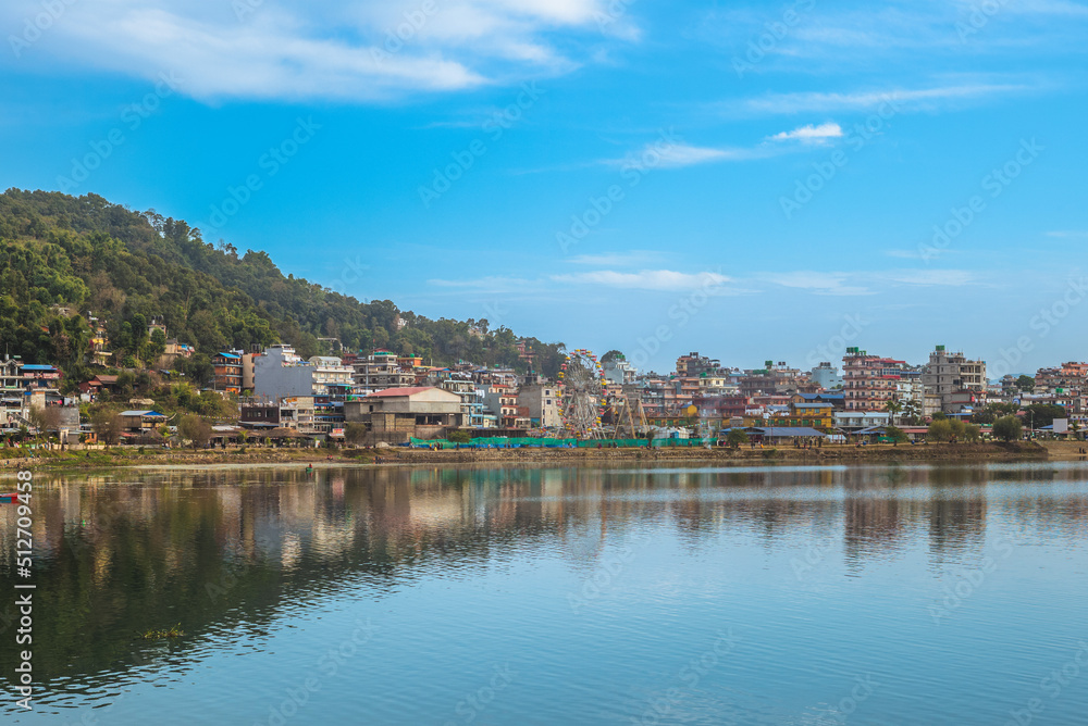 scenery of pokhara by fewa (phewa)  lake in nepal