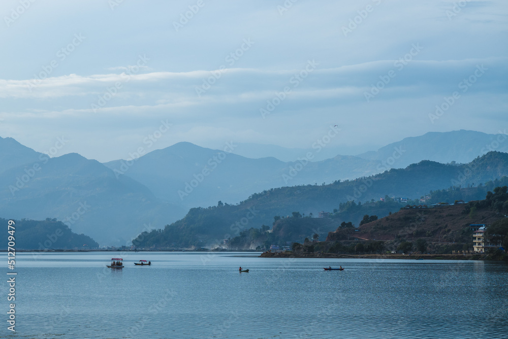 scenery of phewa lake in pokhara, nepal in the morning