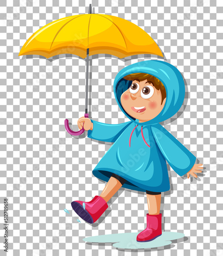 A boy in blue raincoat with umbrell grid background