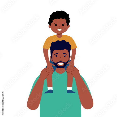 Happy Father’s Day concept vector illustration. Dad carry his son on shoulder in flat design.