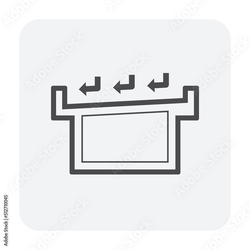 Slope of flat roof deck or rooftop for drainage system vector icon in cross section. May call concrete slab, patio, terrace over building. Include arrow of slanted, waterproofing to drain rain water.